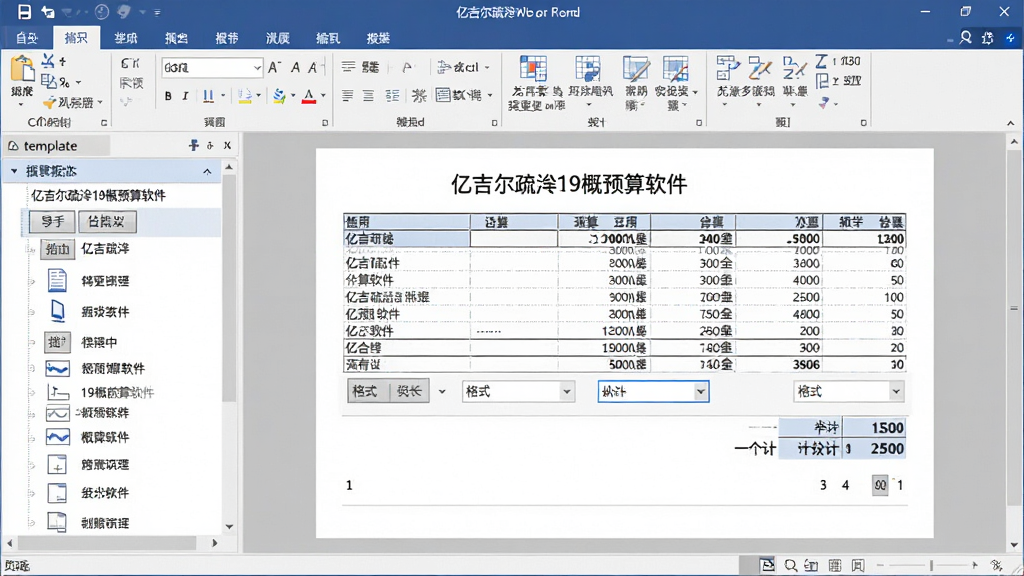 一张展示“亿吉尔疏浚19概预算软件”报表输出功能的图片,主体是软件界面中的报表预览窗口,布局为左侧报表模板列表、右侧预览页面,排版上预览页面显示表格和合计数据,风格为办公软件界面风格,细节包括导出按钮、格式选项、页码显示,画质清晰,干净,无多余元素