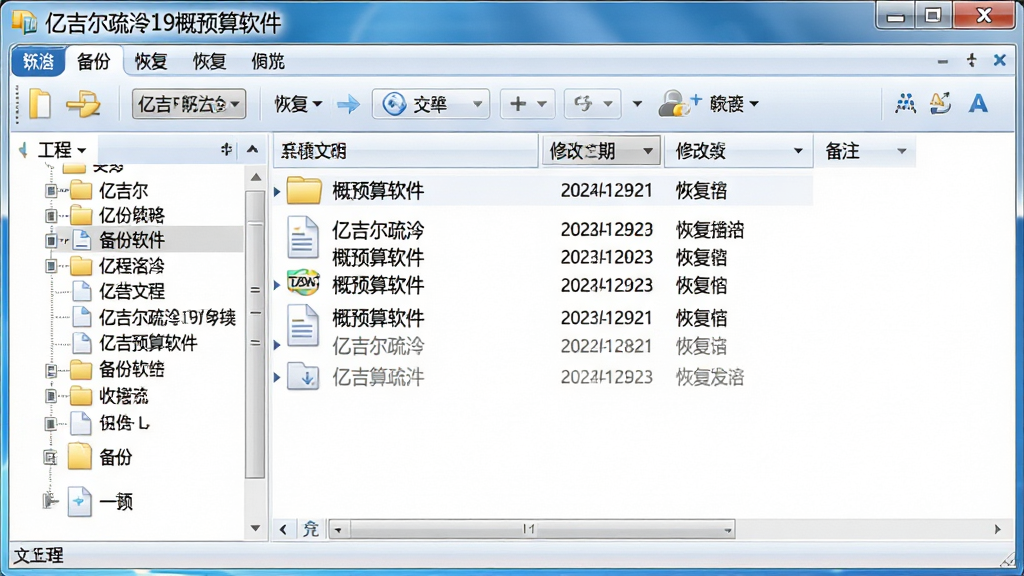一张展示“亿吉尔疏浚19概预算软件”文件管理功能的图片,主体是软件界面中的工程文件管理窗口,布局为左侧文件夹树、右侧文件列表,排版上文件列表显示文件名、修改日期、备注等信息,风格为Windows资源管理器风格,细节包括备份按钮、恢复选项、文件图标,画质清晰,干净,无多余元素