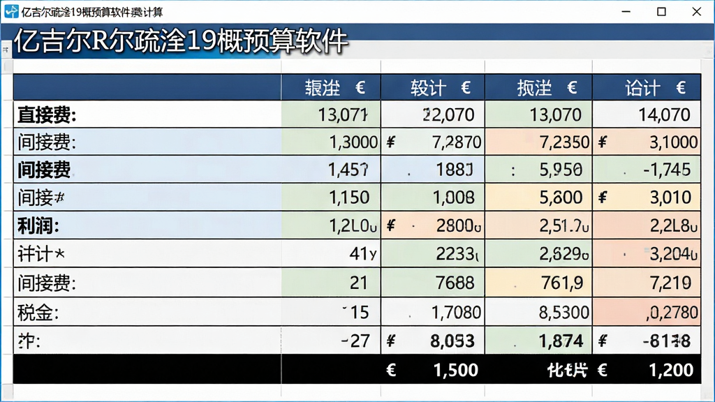 一张展示“亿吉尔疏浚19概预算软件”费用计算功能的图片,主体是软件界面中的费用汇总表格,布局为多行多列的费用明细表,包含直接费、间接费、利润、税金等行项目,排版上表格线条清晰、数字对齐,风格为商务数据报表风格,细节包括合计行加粗、货币符号、单元格底色区分,画质高清,干净,无多余元素