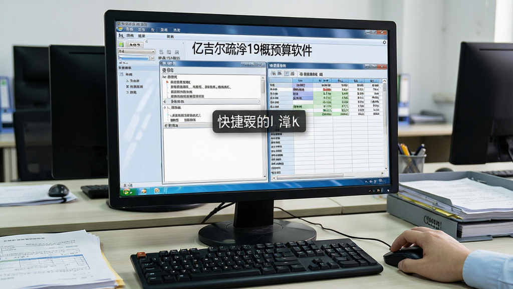 一张展示“亿吉尔疏浚19概预算软件”使用技巧的图片,主体是一台电脑屏幕显示软件操作界面和快捷键提示,旁边有一只手在操作鼠标,布局为屏幕居中、手在右下角,排版上屏幕中显示定额库和费用汇总表,风格为写实办公场景,细节包括键盘、鼠标、屏幕反光、桌面文件,画质高清,干净,无多余元素