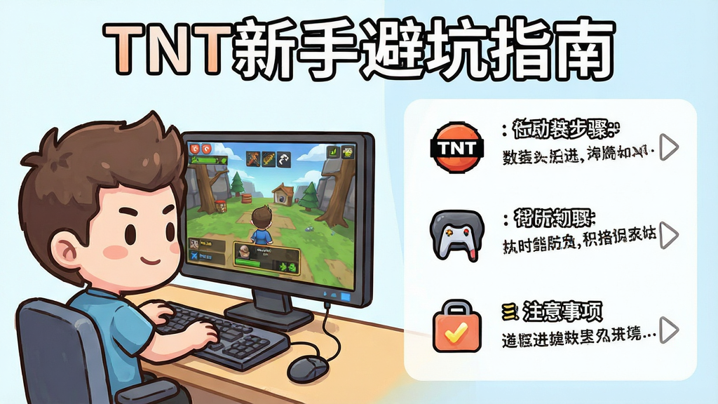 一张TNT游戏新手教学界面的截图风格插画,画面左侧是一个Q版卡通角色正在操作电脑,屏幕中显示游戏画面,右侧列出了安装步骤和注意事项的图标,画面顶部用清晰字体写着