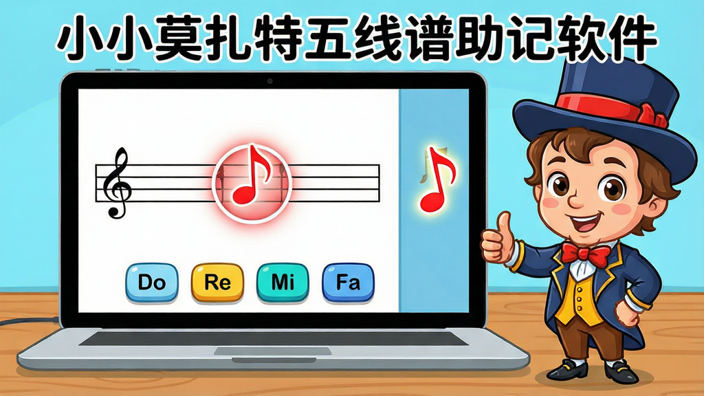 小小莫扎特五线谱助记软件趣味识谱训练界面。画面主体为一台笔记本电脑屏幕,屏幕中显示五线谱练习界面,五线谱上有一个红色音符正被高亮选中,屏幕下方有四个选项按钮,分别标注“Do”“Re”“Mi”“Fa”;屏幕右侧有一个卡通小莫扎特竖起大拇指点赞;布局采用左右分栏,左侧为谱表区,右侧为角色区;排版干净整洁;风格为明亮活泼的卡通教育风格;细节包括屏幕边框、桌面木纹质感、音符发光效果;画质清晰干净,无多余元素,图片中文字内容为“小小莫扎特五线谱助记软件”。