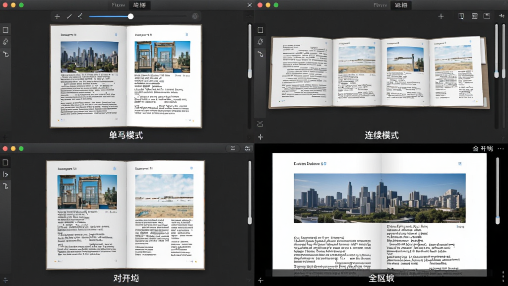 PDF�Ķ��༭��������չʾ�����Ķ�ģʽ�л��Ľ����ͼ�������Ϊ�ĸ�����ֱ���ֵ�ҳģʽ������ģʽ���Կ�ģʽ��ȫ��ģʽ��ÿ�������·���עģʽ���ƣ����Ϊ����������ʾͼ��ϸ�ڰ���ҳ�����Ż���͹����������ʸ��壬�ɾ����࣬�޶���װ��Ԫ��