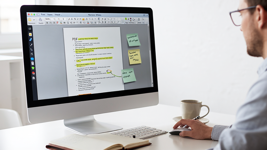 PDF�Ķ��༭������ʹ�ó���ͼ������չʾ������Ļ�ϴ���PDF�ĵ����Ա߷��űʼǱ��Ϳ��ȱ����û��ֳ�������ڽ���ע�Ͳ��������Ϊ��ʵ�칫������Ӱ��ϸ�ڰ�����Ļ�ϵĸ�����Ǻͱ�ǩ������������Ȼ���ɾ������ұ���