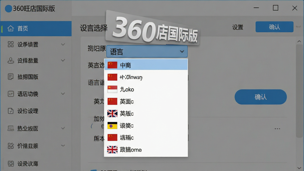 一幅展示360旺店国际版多语言界面切换功能的AI生图,画面主体为软件设置界面,中央显示语言选择下拉菜单,包含中文、英文等选项,布局为左右分栏,左侧为导航菜单,右侧为设置面板,风格为简洁商务风,细节包括国旗图标、语言名称文字、确认按钮等,画面中标注文字“360旺店国际版”,画质清晰,背景干净
