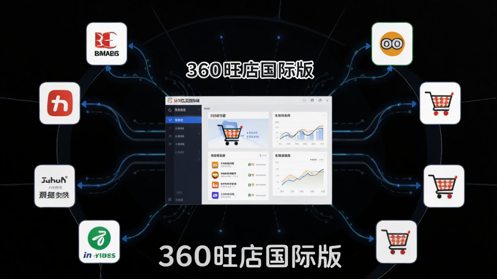 一幅展示360旺店国际版多平台店铺统一管理功能的AI生图,画面主体为多个电商平台图标通过线条汇聚到中央的360旺店国际版软件界面,布局呈放射状排列,风格为扁平化科技插画风,细节包括平台Logo、数据流动线条、管理面板等,画面中标注文字“360旺店国际版”,画质清晰,背景干净,无多余元素
