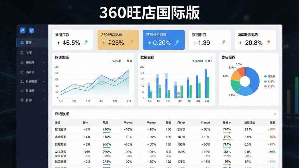 一张展示360旺店国际版数据分析报表功能的图片,画面中央为大型数据仪表盘,包含折线图、柱状图、饼图等多种图表,布局为上下结构,上方为关键指标卡片,下方为详细数据列表,风格为现代数据可视化风格,细节包括百分比数字、趋势箭头、图例标注等,画面中标注文字“360旺店国际版”,画质高清,整体干净整洁