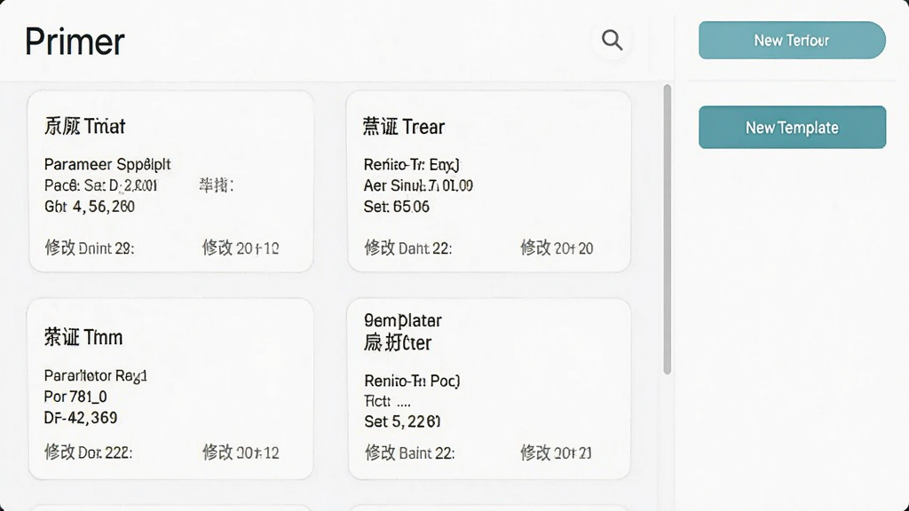 软件Primer参数模板管理界面,展示多个已保存的模板卡片,每张卡片显示参数摘要和修改日期,右侧有新建模板按钮,界面风格清爽,包含
