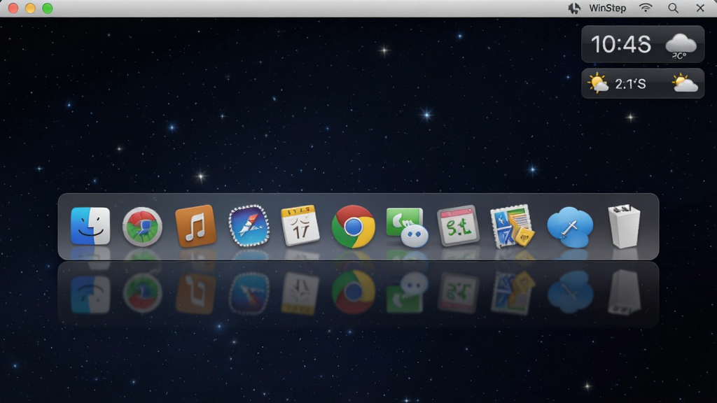 һ��չʾ WinStep NeXuS ��������ĵ��������ͼ������������ macOS ���� Dock �������������Ŷ����ɫӦ��ͼ�꣬��������ɫ�ǿձ�ֽ��Dock �����а�͸��ë����Ч���͵�Ӱ���䣬�������Ͻ���ʾϵͳʱ��������С���������岼�ּ�����򣬷���ִ��Ƽ��У�ϸ�ڰ���ͼ��ĸ߹�����Ӱ������Dock ����ƽ��Բ�Ǳ�Ե������Ϊ 4K ���壬����ɾ��޶���Ԫ�ء�