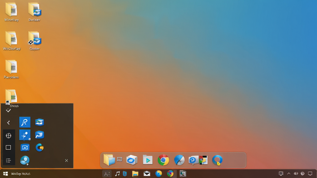WinStep NeXuS ������ Windows 11 ϵͳ�ϵ�����Ч��ͼ������չʾһ����������棬�ײ��ǰ�͸���� Dock ���������п�ʼ�˵����ļ���Դ���������������ͼ�꣬������������ż��������ļ��п�ݷ�ʽ�������Ǵ�ɫ�����ֽ��������ˬ���ʣ�����ִ���Լ��ϸ�ڰ��� Dock ���������Ӱ��ͼ��ĸ���״̬�����ʸ��壬����ɾ��޶���Ԫ�ء�