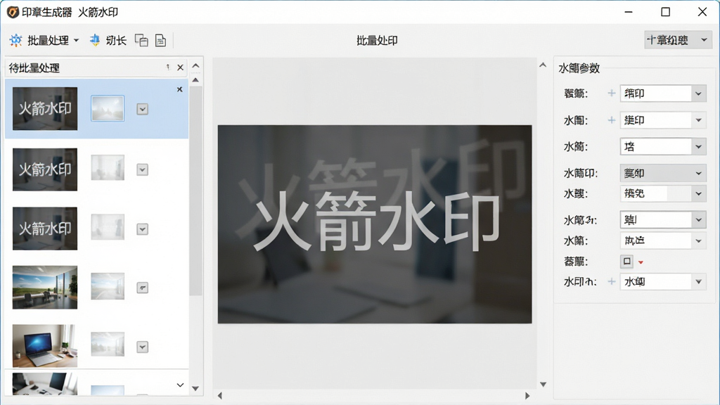 批量水印处理功能界面,画面展示“印章生成器 火箭水印”软件的批量处理窗口,左侧为待处理图片列表,右侧为水印参数设置区域,中间预览区显示一张带有半透明文字水印的图片,水印内容为“火箭水印”,整体风格为高效办公工具界面,布局清晰,画质干净,无多余元素
