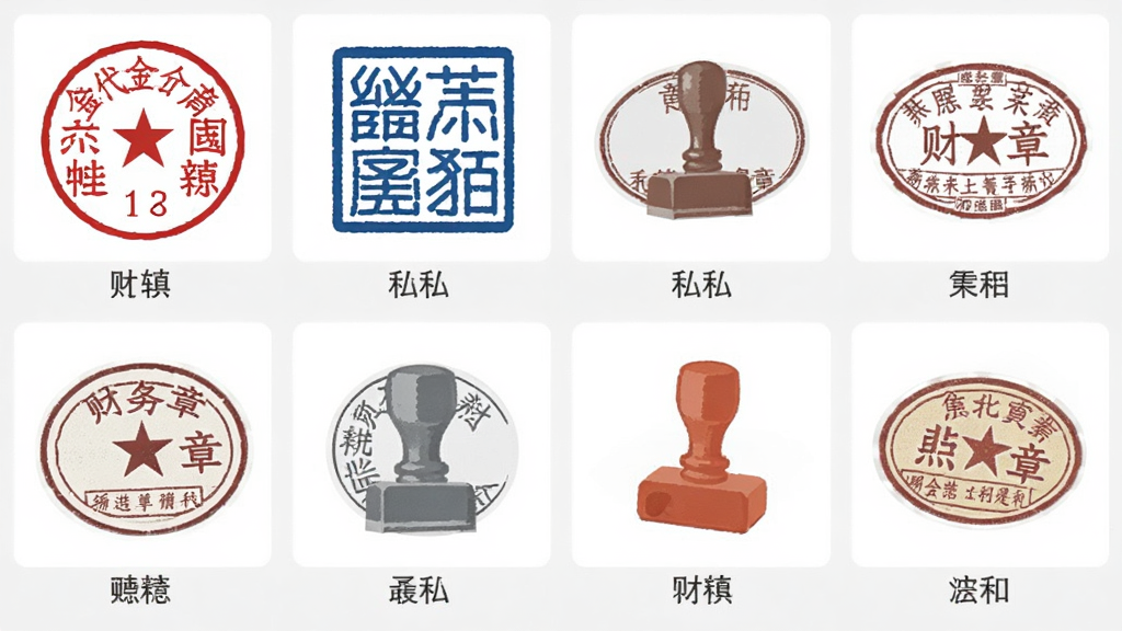 软件模板选择界面截图,画面中排列着多个不同形状的印章模板缩略图,包括圆形红色公章、方形蓝色私章、椭圆财务章等,每个模板下方有文字标识,界面干净整洁,风格为扁平化设计,画质清晰,布局为网格排列,无多余装饰元素