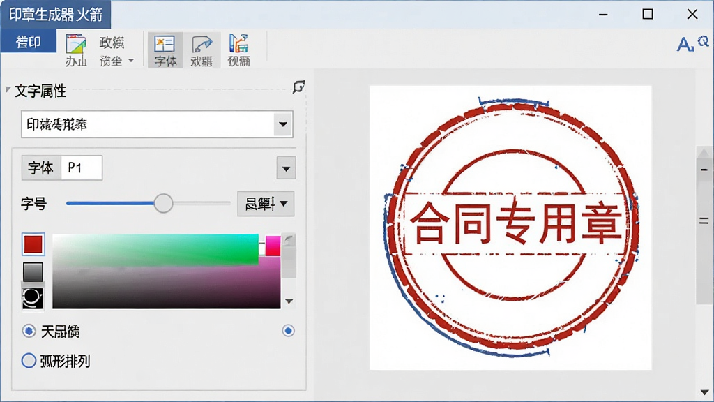 印章文字编辑功能演示图,画面显示“印章生成器 火箭水印”软件的文字属性面板,包含字体下拉菜单、字号滑块、颜色选择器、弧形排列选项等控件,右侧预览区显示一枚正在编辑的圆形印章,印章上文字为“合同专用章”,风格为办公软件工具界面,画质清晰,细节丰富,无杂乱元素