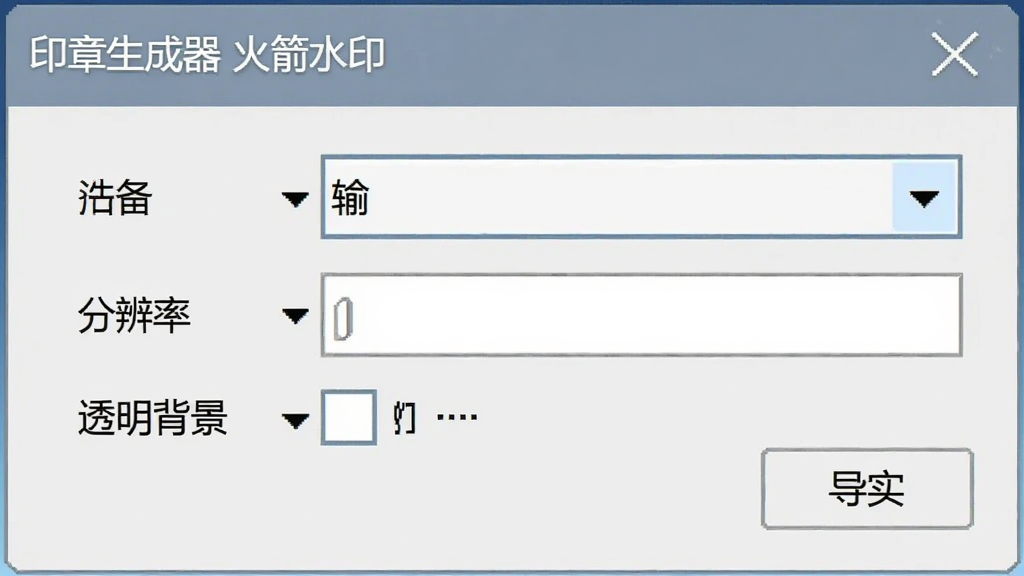 导出设置面板示意图,画面展示“印章生成器 火箭水印”软件的导出对话框,包含格式选择下拉框、分辨率输入框、透明背景勾选项等,背景为浅灰色界面,风格为简洁工具软件弹窗,画质清晰,布局紧凑,无多余装饰