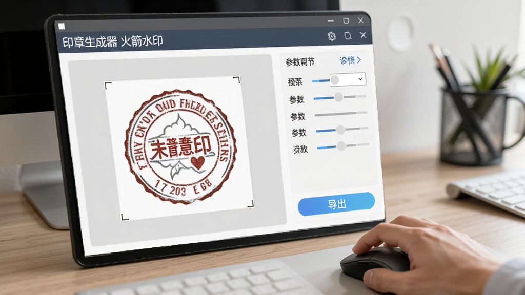 软件使用技巧示意图,画面展示“印章生成器 火箭水印”软件的操作界面,包含印章预览区、参数调节面板、导出按钮等元素,画面中有一只手正在点击鼠标操作,风格为办公场景实拍感,画质清晰,布局合理,无多余元素