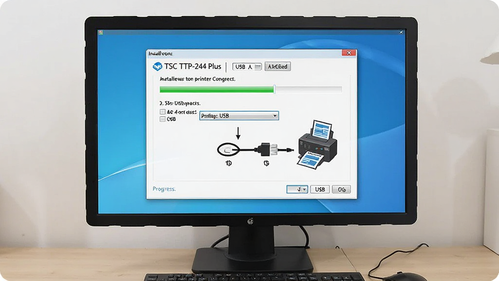 TSC TTP-244 Plus 电脑端驱动安装与端口设置操作场景,主体为电脑屏幕上的安装向导与打印机连接示意,布局为居中教程构图,排版分步展示,风格为简洁教学风,细节包含安装进度条、端口下拉框、USB 线连接与打印机图标,画质高清、干净、无多余元素