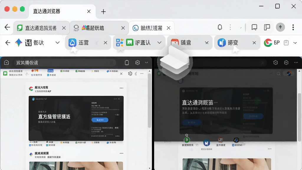 一张展示直达通浏览器多标签管理界面的效果图,画面中浏览器顶部排列着整齐的标签页,每个标签页带有不同的网站图标,下方是分屏显示的内容区域,布局紧凑有序,风格现代办公,细节上体现标签页的拖拽感,画质清晰,干净,无多余元素