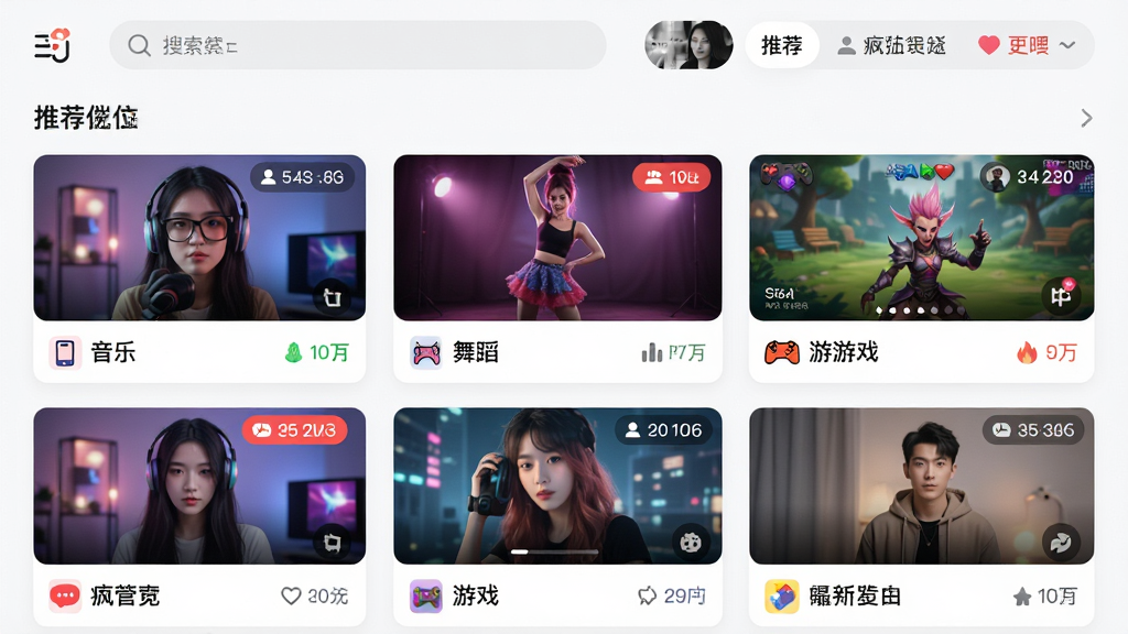 一张疯播直播内容分类页面的AI生图,画面展示多个直播板块卡片排列,卡片上有封面图与分类标签,如音乐、舞蹈、游戏等,顶部有搜索栏与推荐位,布局为网格状,风格清爽整齐,细节包含分类图标、在线人数角标,画质高清,干净,无多余元素