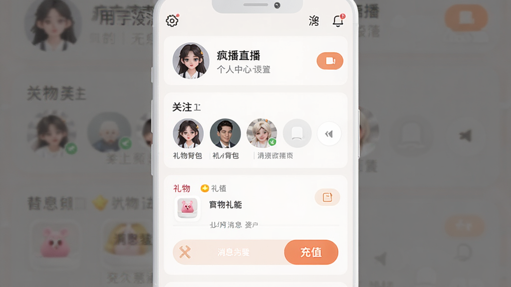 一张疯播直播个人中心页面的AI生图,画面展示用户头像、昵称、关注列表、礼物背包等模块,界面布局为纵向卡片式排列,风格简洁柔和,细节包含设置图标、消息通知、充值入口,画质高清,干净,无多余元素