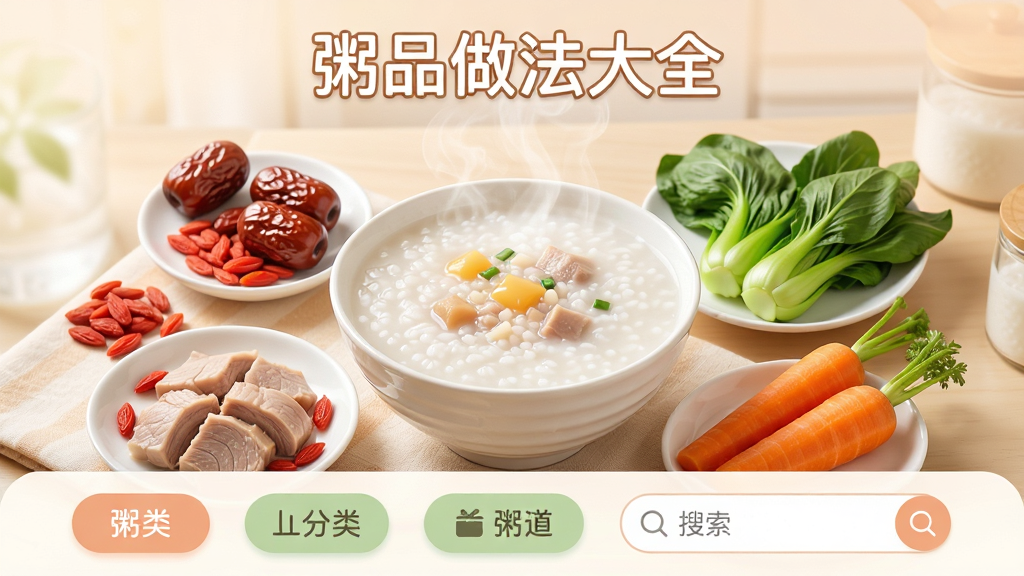 粥品做法大全软件主界面展示,画面中央是一碗热气腾腾的白粥,周围环绕着多种食材如红枣、枸杞、瘦肉、青菜、胡萝卜等。布局采用居中构图,上方显示软件名称“粥品做法大全”,下方为分类菜单和搜索框。排版整齐清晰,风格温馨居家,细节包括粥碗的蒸汽、食材的新鲜质感、界面的圆角按钮和柔和配色。画质高清,干净明亮,无多余元素。