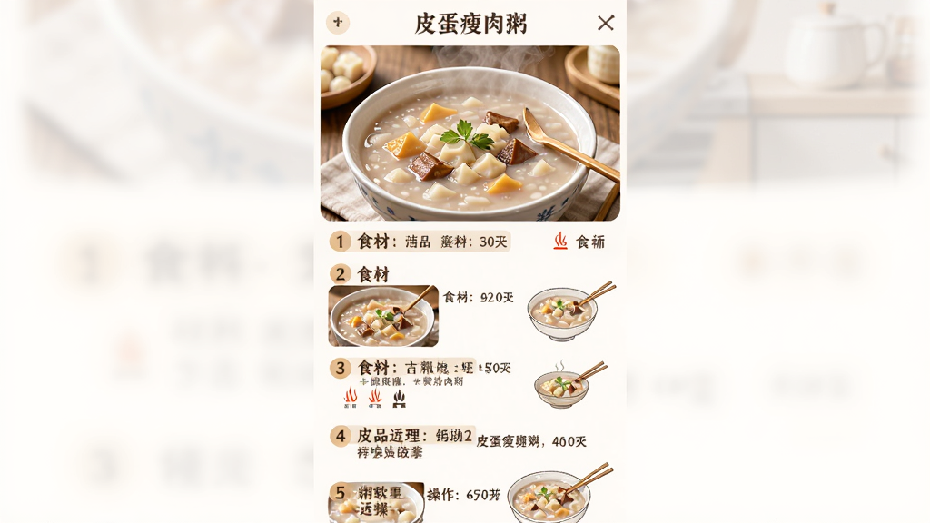 粥品做法大全软件中的食谱详情页,画面展示一道“皮蛋瘦肉粥”的图文教程,上方是成品图,下方分步骤展示食材和操作,每步配有文字和插图。布局为纵向滚动式,排版规整,风格居家实用,细节包括步骤序号、食材用量标注、火候提示图标。画质高清,干净清爽,无多余元素。