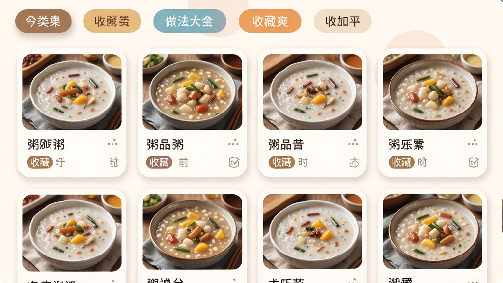 粥品做法大全软件的收藏夹页面,画面展示多个已收藏的粥品卡片,每张卡片包含粥品图片、名称和收藏时间,顶部有分类标签栏。布局为卡片式排列,排版灵活,风格温馨柔和,细节包括卡片圆角、阴影、标签颜色区分。画质高清,干净整洁,无多余元素。