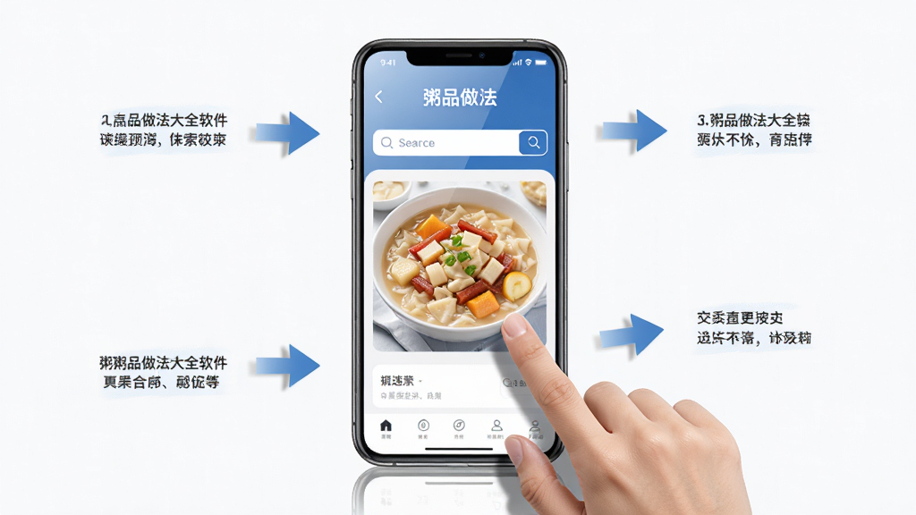 粥品做法大全软件在手机上的操作示意图,画面展示一部智能手机,屏幕上显示软件界面,旁边有手指点击搜索框的动作。布局为手机居中,周围有箭头指示操作步骤。风格简洁科技感,细节包括手机边框、屏幕反光、手指的阴影。画质高清,干净清晰,无多余元素。