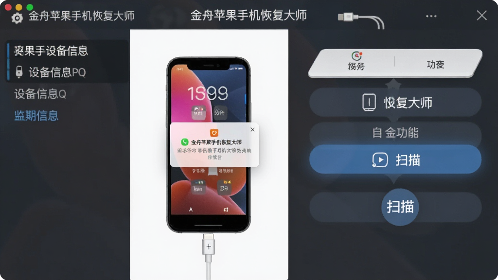 ���������豸����ʾ��ͼ������Ϊ����ƻ���ֻ��ָ���ʦ����iPhone�Ľ��棬���ֲ������ҷ����������ʾ�豸��Ϣ���Ҳ���ʾ���ܰ�ť�����Ϊ��ˬ����磬ϸ�ڰ���������ͼ�ꡢ������ʾ������ɨ�谴ť����������������ɾ��޶���Ԫ�أ�ͼƬ������Ϊ������ƻ���ֻ��ָ���ʦ��