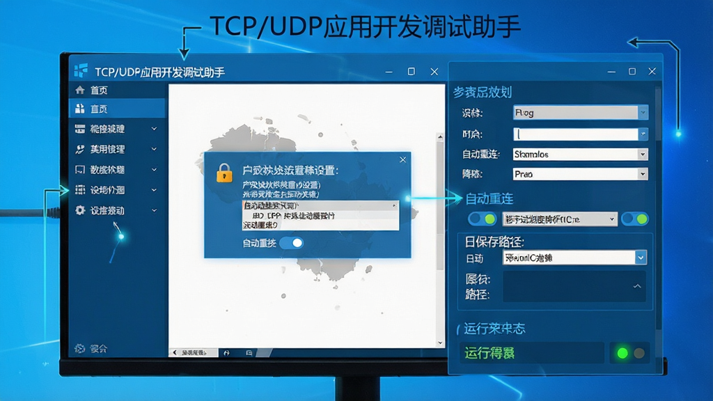 一张展示TCP/UDP应用开发调试助手在Windows电脑上运行的使用指南示意图,主体是软件主界面与设置面板,布局为左侧导航菜单、右侧参数配置,排版清晰,风格为科技蓝风格,细节包括防火墙设置提示框、自动重连开关、日志保存路径选择和运行状态指示灯,画质高清,干净,无多余元素