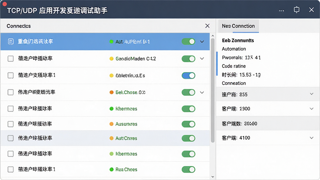 一张展示TCP/UDP应用开发调试助手多连接管理界面的图片,主体是软件连接列表区域,布局为左侧连接列表、右侧详情面板,排版规整,风格为商务简约风格,细节包括多个连接状态指示灯、自动重连开关、连接时长统计和客户端数量标识,画质高清,干净,无多余元素