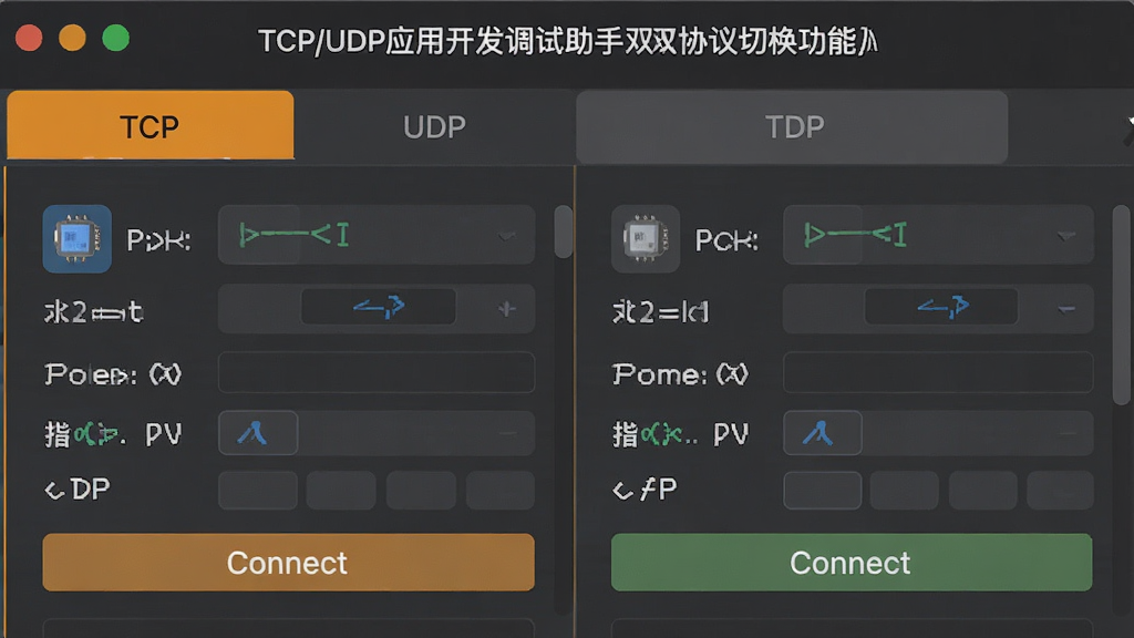 一张展示TCP/UDP应用开发调试助手双协议切换功能的图片,主体是软件界面中TCP和UDP两个标签页并排显示,布局为上方标签栏、下方参数配置面板,排版简洁,风格为扁平化设计,细节包括TCP标签高亮状态、UDP标签待选状态、协议图标和连接按钮,画质高清,干净,无多余元素