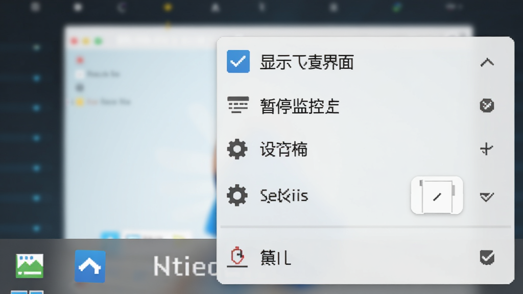电脑状况监视器系统托盘右键菜单,主体为简洁菜单列表,布局包含显示主界面、暂停监控、设置、退出等选项,排版垂直对齐,风格素雅极简,细节包含勾选标记与图标,画质清晰,干净无多余元素
