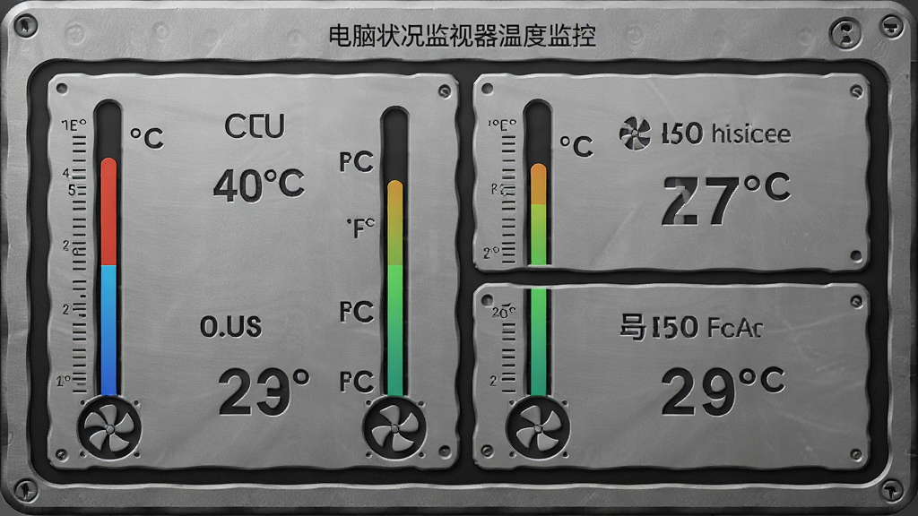 电脑状况监视器温度监控面板,主体为多列温度计样式图表,布局左侧为CPU核心温度,右侧为显卡与主板温度,排版整齐,风格写实工业风,细节包含摄氏度符号与风扇图标,画质高清,干净无多余元素