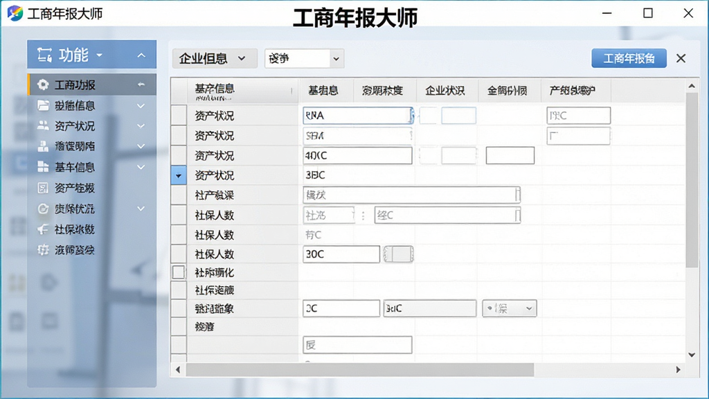 工商年报大师软件主界面全貌展示,画面中央是软件窗口,左侧为功能导航栏,右侧显示企业年报填报表格,表格内包含基本信息、资产状况、社保人数等字段,窗口上方有“工商年报大师”标题文字,整体布局简洁清晰,排版规整,风格为现代办公软件界面,细节包含滚动条、按钮、输入框,画质高清,干净,无多余元素