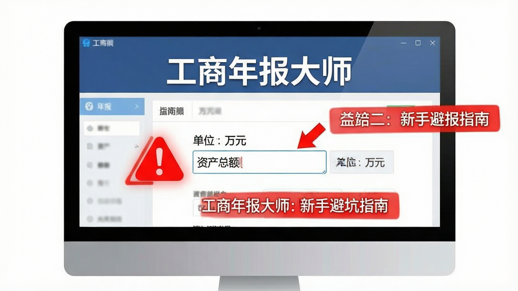 工商年报大师新手避坑指南示意图,画面为电脑屏幕显示软件界面,界面中红色警告图标标注在“资产总额”输入框旁,旁边有文字“单位:万元”提示,界面顶部有“工商年报大师”标题,布局为居中展示,风格为教程指示风格,细节包含红色高亮、箭头、文字标注,画质清晰,干净,无多余元素