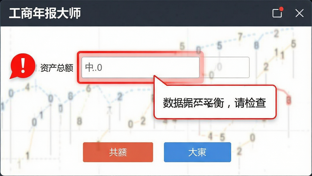 工商年报大师填报逻辑自动校验功能截图,画面显示软件界面中有一处红色感叹号标记在“资产总额”输入框旁,旁边弹出提示框写着“数据不平衡,请检查”,界面顶部有“工商年报大师”标题,布局为上下结构,风格为警示提示风格,细节包含红色高亮、提示气泡、按钮,画质清晰,干净,无多余元素