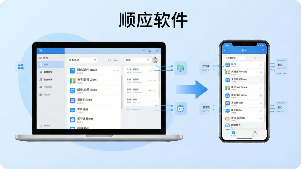 一张展示顺应软件在Windows电脑与手机端同步使用的场景插画,画面左侧为笔记本电脑屏幕显示任务列表,右侧为手机屏幕显示相同内容,中间有同步箭头连接,背景为淡蓝色渐变,风格现代简约,细节包含图标与数据流线条,画质清晰干净,画面中带有“顺应软件”字样。