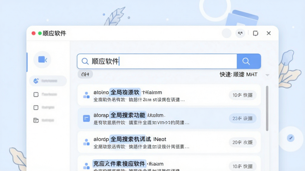 一张展示顺应软件全局搜索功能的界面插画,画面中央为搜索输入框,下方显示多条结果列表并带有高亮关键词,背景为白色与淡蓝色,风格清爽素雅,细节包含快捷键提示,画质清晰干净,画面中带有“顺应软件”字样。