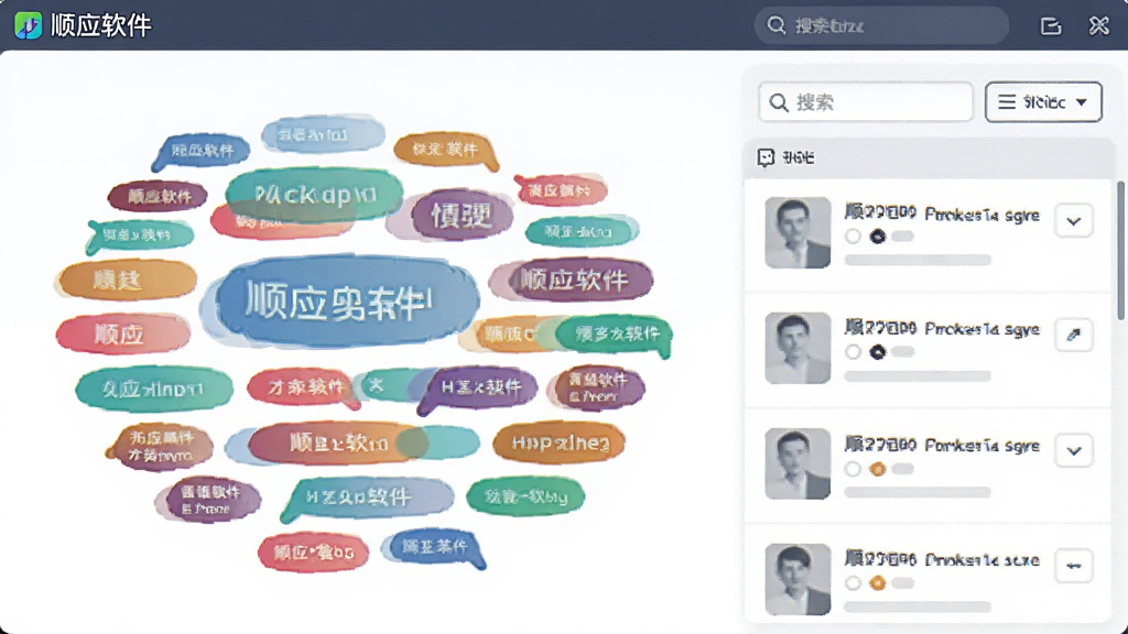 一张展示顺应软件标签管理界面的插画,画面左侧为标签云,右侧为内容列表,标签颜色丰富,布局清晰,风格简约商务,细节包含搜索框与筛选按钮,画质干净,画面中带有“顺应软件”字样。