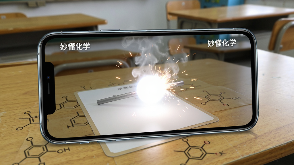 妙懂化学AR虚拟实验功能界面,画面中一部手机对准桌面上的化学卡片,手机屏幕内呈现3D镁条燃烧实验,发出耀眼白光,周围有火花粒子效果,背景为教室课桌环境,风格为增强现实科技感,细节包括手机边框反光、桌面纹理和实验烟雾效果,画质清晰,画面布局突出手机屏幕内容,干净无多余元素,屏幕内标注“妙懂化学”