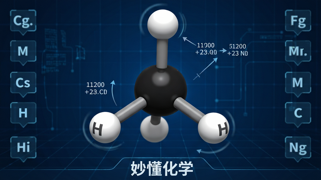 妙懂化学3D分子模型展示界面,画面中央是一个放大的甲烷分子正四面体模型,球棍模型风格,碳原子为黑色球体,氢原子为白色小球,键为灰色圆柱,模型缓慢旋转,背景为深蓝色科技网格,周围有元素符号标签和键角数据,风格为科学可视化,细节包括模型高光和景深效果,画质高清,画面干净,模型下方标注“妙懂化学”