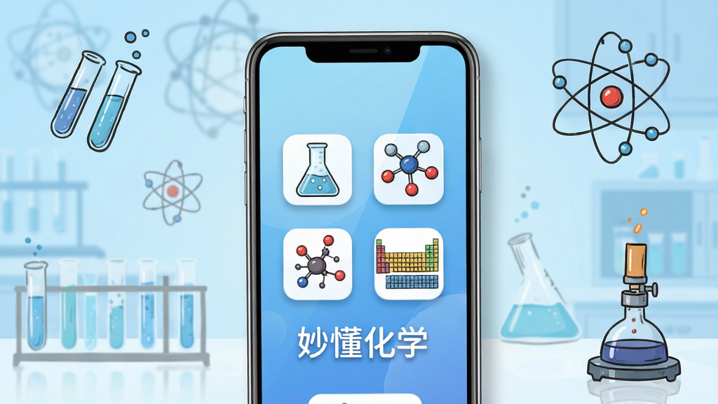 妙懂化学软件主界面展示,画面中央放置一部智能手机,手机屏幕上显示妙懂化学APP的启动页,包含化学烧杯、分子结构模型和元素周期表图标,背景为淡蓝色渐变实验室风格,周围漂浮着试管、酒精灯、原子轨道等手绘元素,整体布局简洁清晰,风格为扁平化科技教育风,细节包括高光反射和柔和阴影,画质高清,画面干净无多余元素,文字标注“妙懂化学”