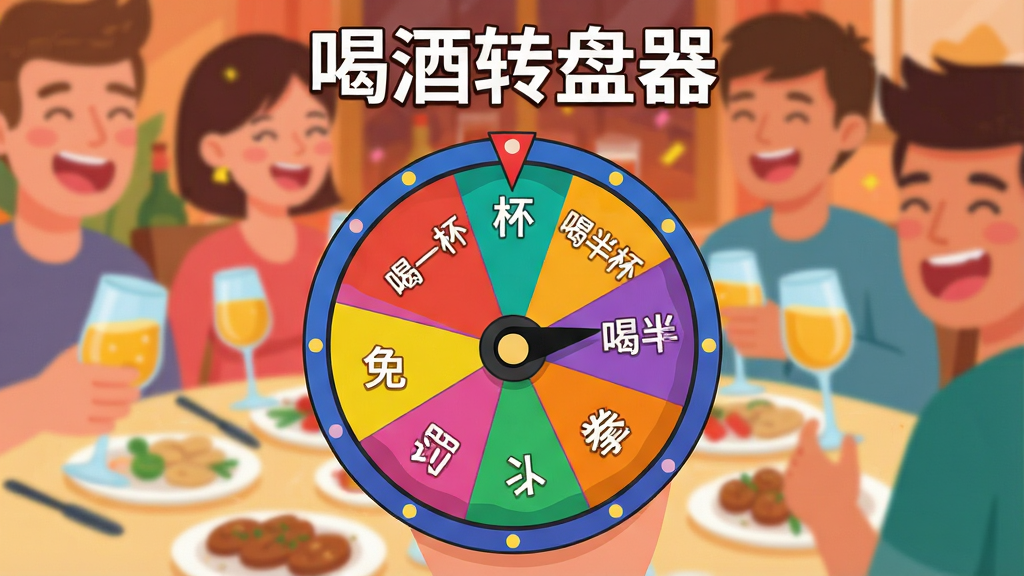 一张展示喝酒转盘器手机应用界面的图片,画面中央是一个色彩鲜艳的圆形转盘,转盘被分成多个扇形区域,每个区域写有不同的喝酒指令如“喝一杯”“喝半杯”“猜拳”“免罚”等,转盘指针指向其中一个区域,背景是热闹的聚餐场景,有酒杯和欢笑的模糊人影,整体风格为扁平化卡通插画,色彩明快活泼,画质清晰干净,无多余元素,软件名称“喝酒转盘器”以白色粗体字显示在画面顶部。