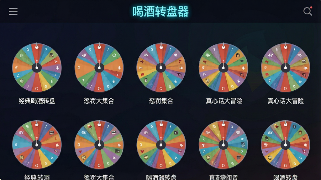 一张展示喝酒转盘器模板库界面的图片,画面中整齐排列着多个圆形转盘缩略图,每个缩略图下方标注模板名称如“经典喝酒转盘”“惩罚大集合”“真心话大冒险”等,界面背景为深色渐变,转盘色彩丰富,风格为现代扁平化UI设计,画质清晰,干净整洁,软件名称“喝酒转盘器”以亮色字体显示在顶部导航栏。