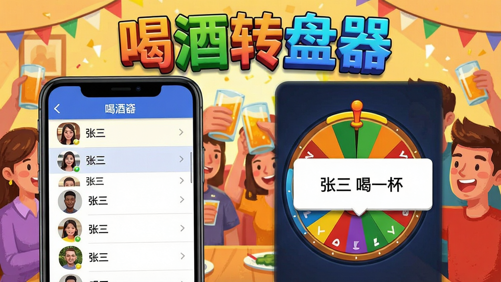 一张展示喝酒转盘器多人模式界面的图片,画面中手机屏幕显示玩家列表和转盘结果弹窗,弹窗显示“张三 喝一杯”,背景是聚会人群举杯庆祝的插画,界面风格为明亮活泼的卡通风格,色彩饱和度高,画质清晰,软件名称“喝酒转盘器”以彩色立体字显示在顶部。