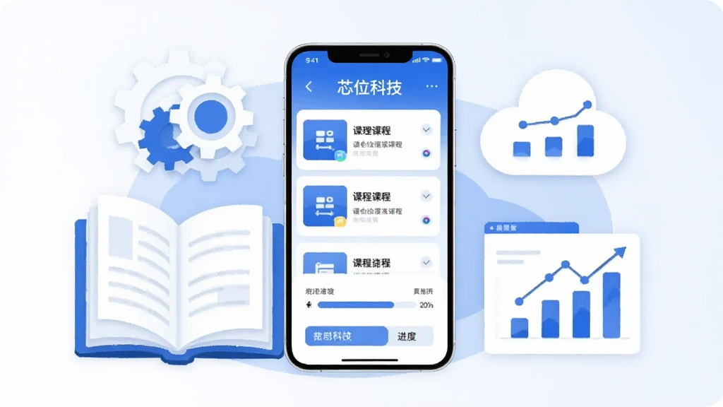 画面中央放置一部智能手机,手机屏幕显示“芯位科技”APP主界面,界面包含课程列表和进度条元素,手机周围环绕书本、齿轮、数据图表等学习与科技符号,整体采用蓝白配色,扁平化设计风格,背景简洁干净,画质清晰,无多余元素