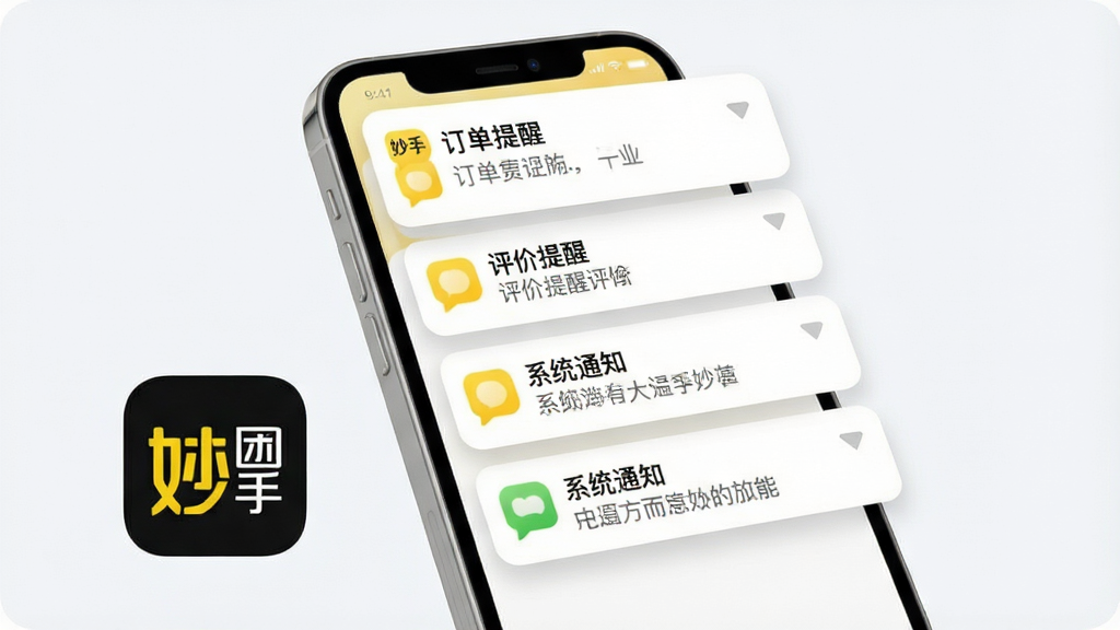 一张展示美团妙手消息通知功能的图片,主体为手机屏幕弹出多条通知卡片,卡片上标注订单提醒、评价提醒、系统通知等文字,手机旁边有美团妙手应用图标;布局为手机居中偏左,通知卡片从屏幕上方滑出;排版整洁,背景为浅灰白色;风格为清爽扁平化设计;细节上卡片有圆角和轻阴影,文字清晰可读;画质高清,干净,无多余元素。