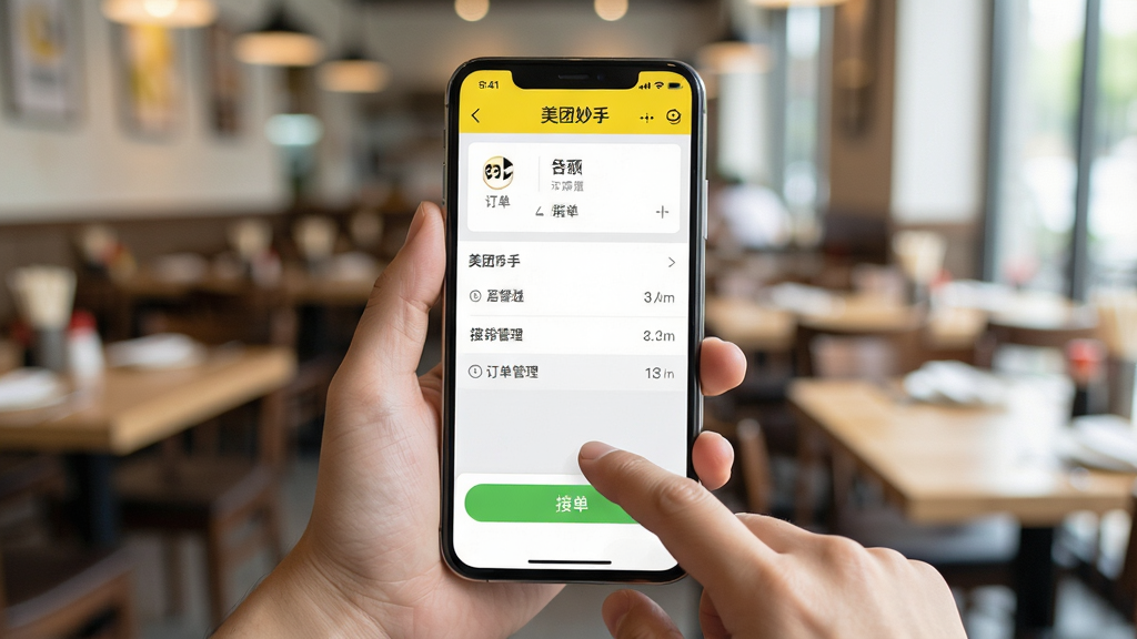 一张展示美团妙手在手机端运行的操作示意图,主体为手持智能手机,屏幕显示美团妙手订单管理界面,手指正在点击接单按钮;布局为手部特写,手机占据画面中心;排版简洁,背景为虚化的餐厅环境;风格为写实生活化;细节上手机屏幕清晰,界面元素可辨,光线明亮自然;画质高清,干净,无多余元素。