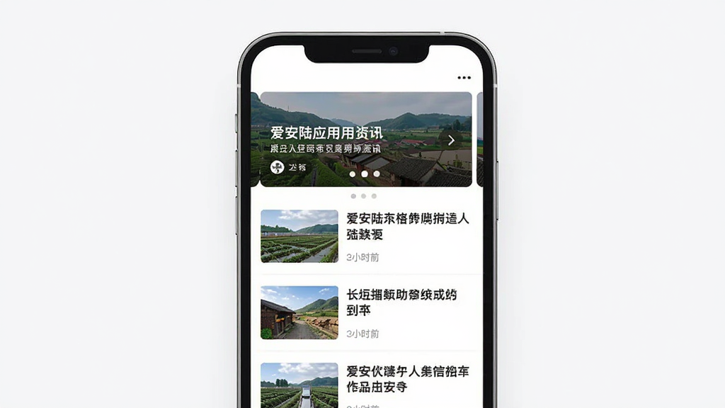 爱安陆应用资讯页面展示图,主体为手机屏幕显示新闻列表,布局为顶部轮播图加下方列表,排版整齐,风格为清新简约,细节包括新闻缩略图、标题文字、时间标签,画质高清干净,无多余元素