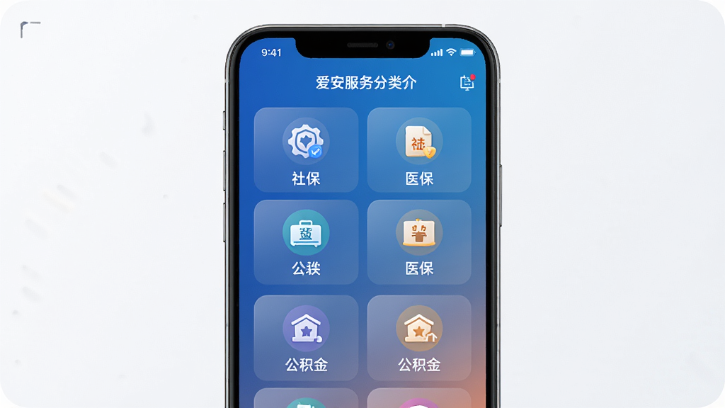 爱安陆政务办事功能界面示意图,主体为手机屏幕显示服务分类图标如社保、医保、公积金等,布局为宫格排列,排版简洁,风格为商务简约,细节包括图标设计、文字标签、背景渐变色,画质高清干净,无多余元素